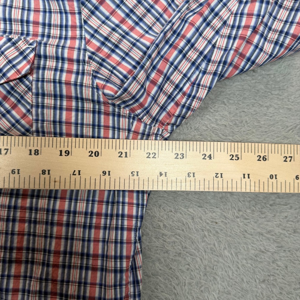 Banana Republic Mens Western Pearl Snap Plaid Shirt Red White Blue Large Stretch - Picture 9 of 12